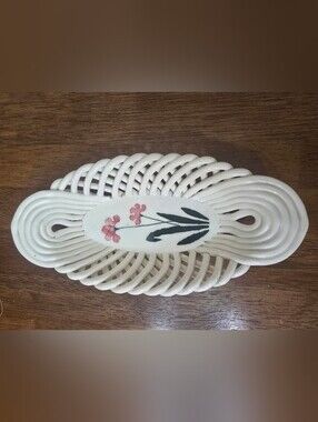 Vintage Spanish Reticulated Ceramic Basket Oval Woven Lattice Dish Floral Spain